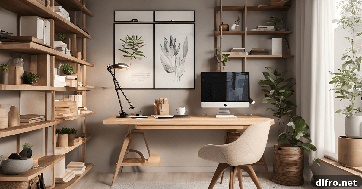 Simple and elegant home office with wooden desk.