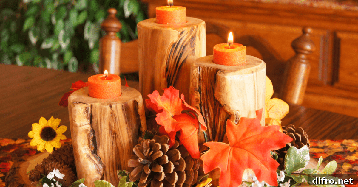 Candles surrounded by fall centerpiece decor.