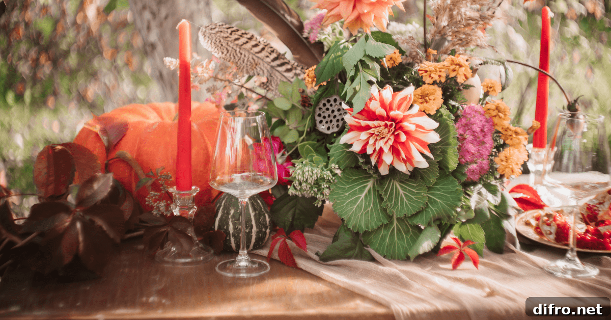 Table runner with fall decor on top.
