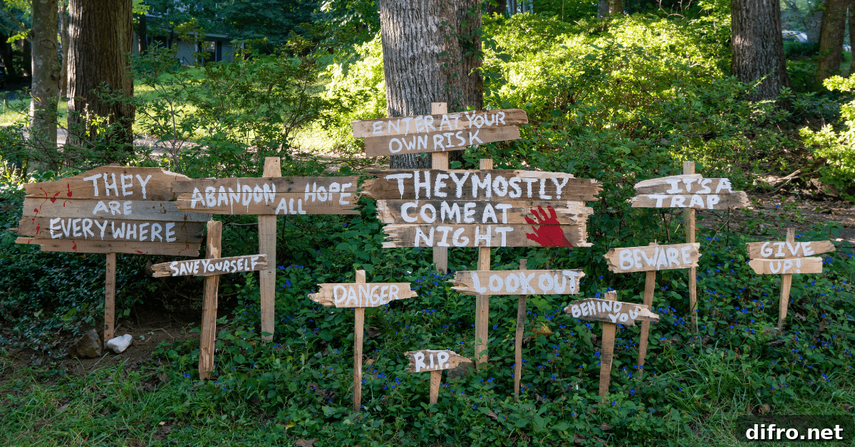Scary signs as front yard decor.