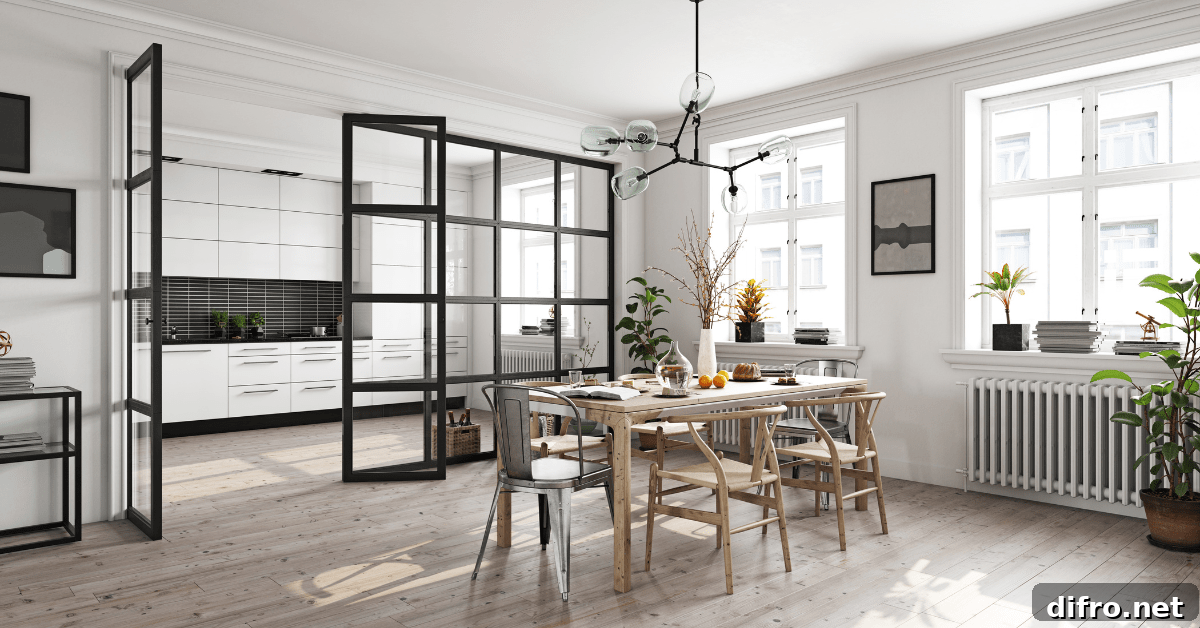 Living room with glass partitions.