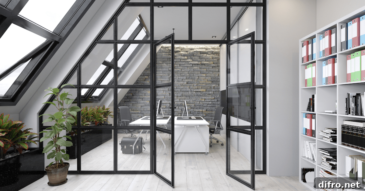 Home office with glass partitions.