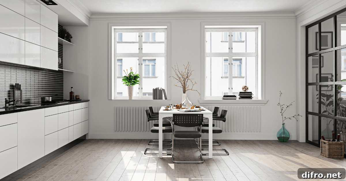Bright kitchen with glass partitions.