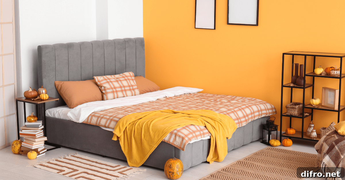 Orange-themed bedroom decor.