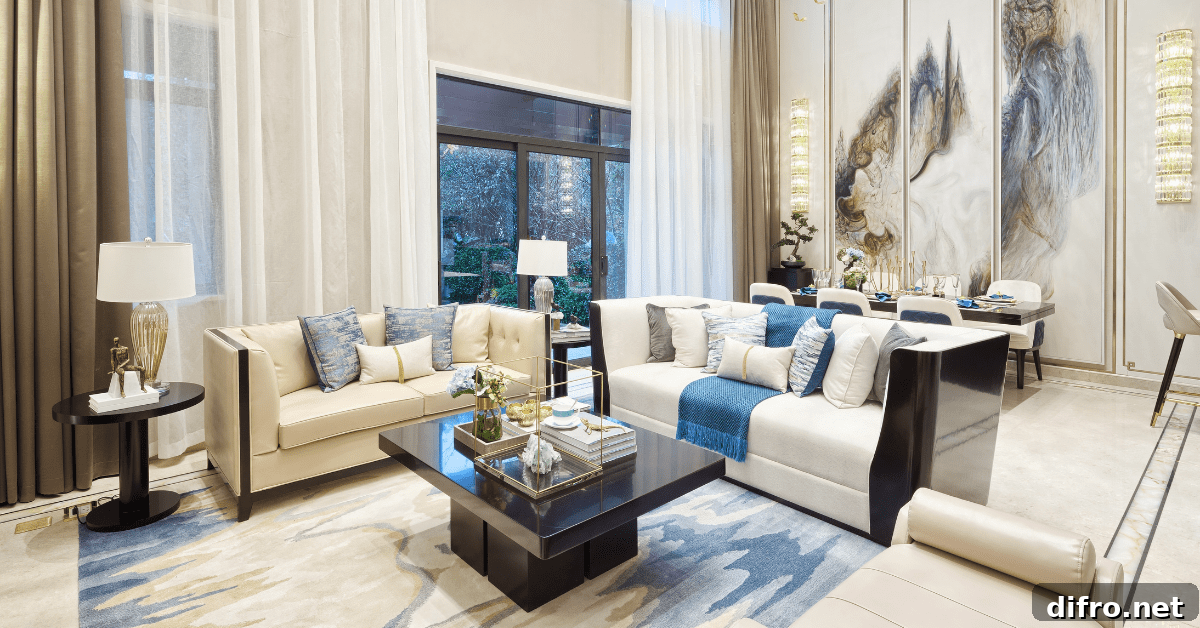 Luxurious living room with white couches.