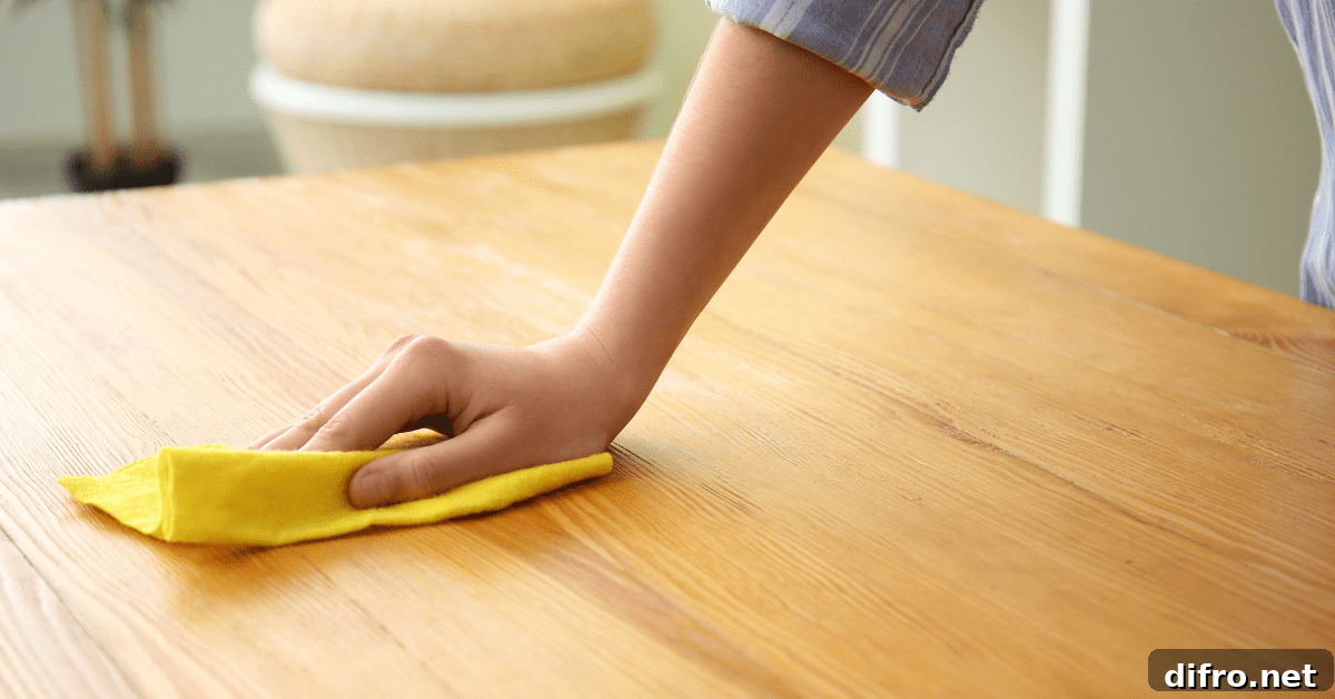 Wiping wooden furniture to clean it.