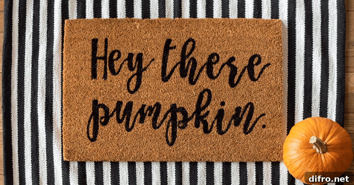 Fall themed front door mat that reads "Hey there pumpkin"