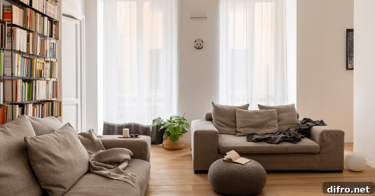A cozy living room with bookshelves in the rear.