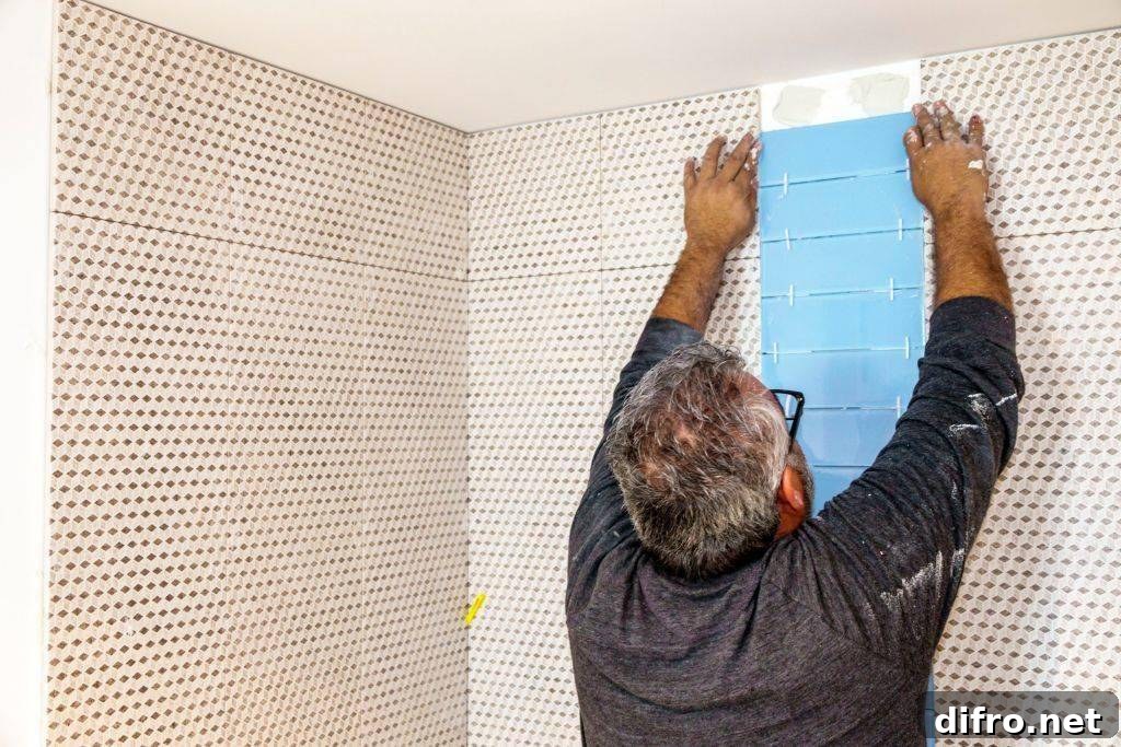 Contractor installing bathroom tile