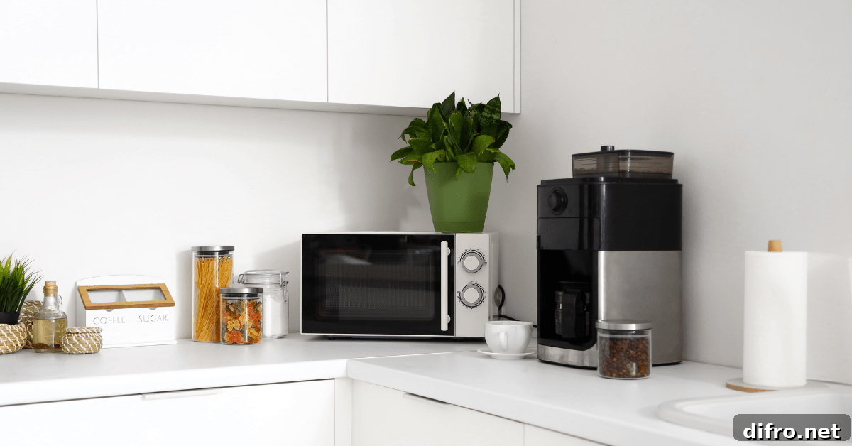 Coffee machine and microwave on kitchen countertops.