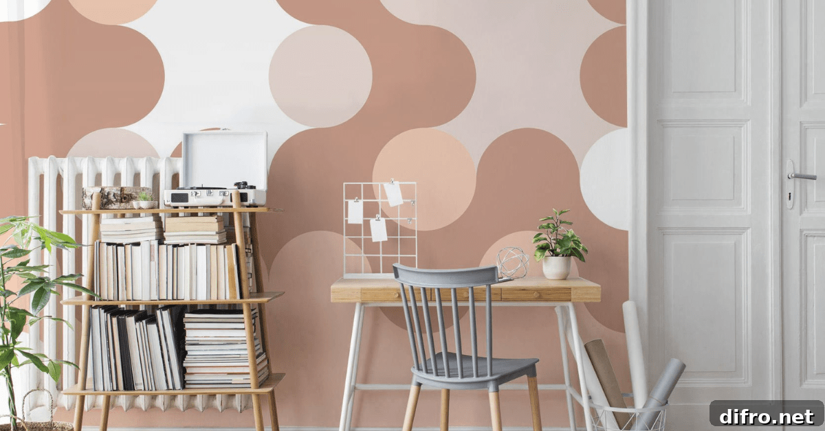 Work desk flanked by funky wallpaper.