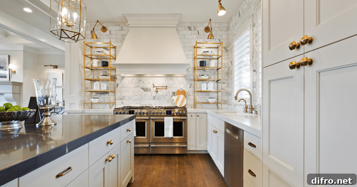 Modern kitchen with brass fixtures.