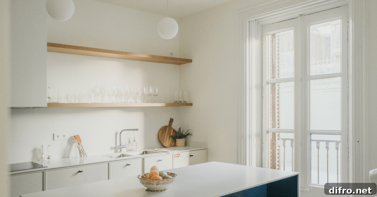 Kitchen with open shelving.