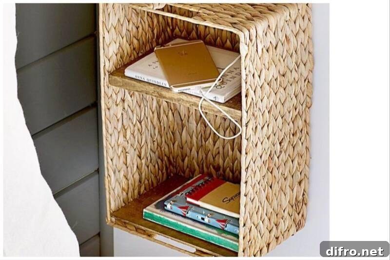 Whicker basket hung on wall.
