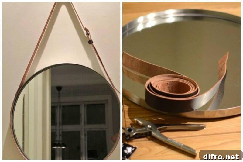 Belt around mirror to hang it on wall.