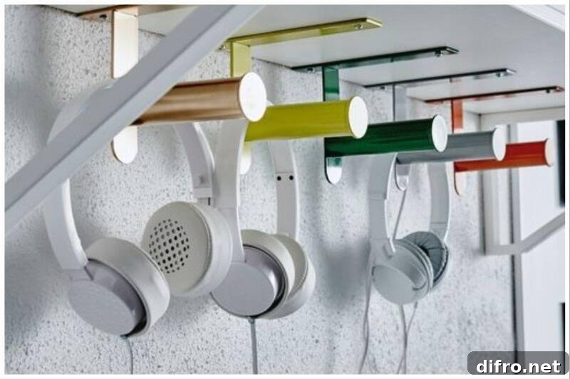 Headphone hanging from wall mount.