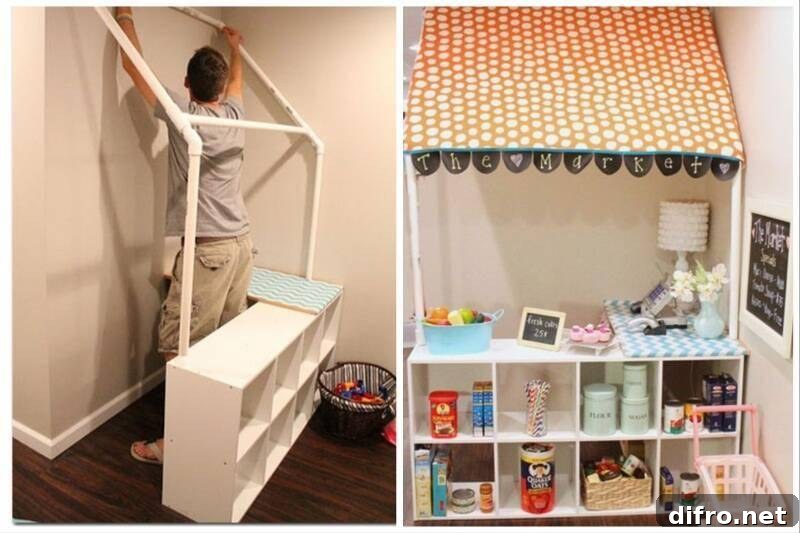 L: Man building toy grocery store. R: Finished product.