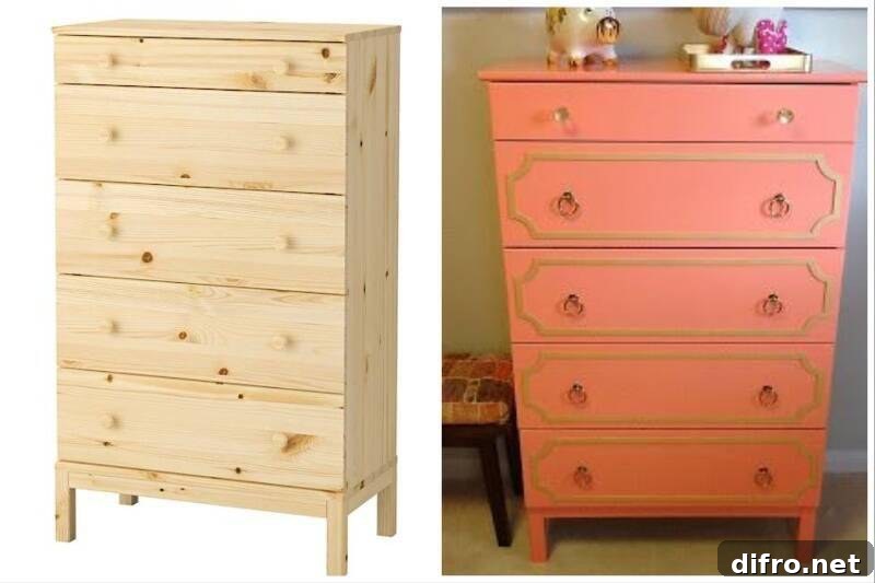 L: Wooden dresser. R: Painted dresser in pink.
