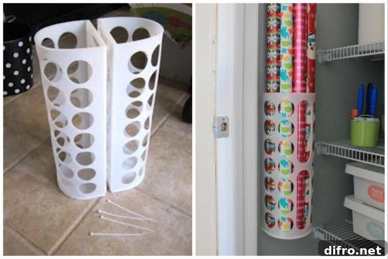 Bag dispenser being used to hold wrapping paper.