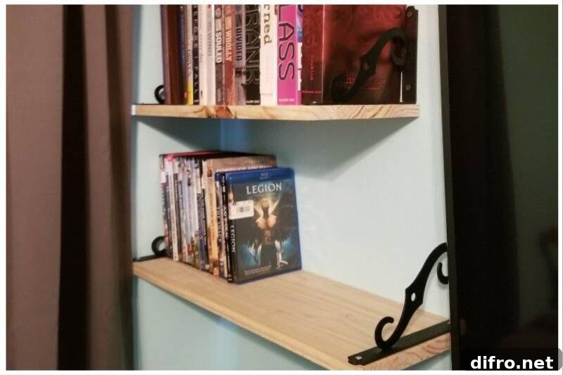 Floating shelves holding books.