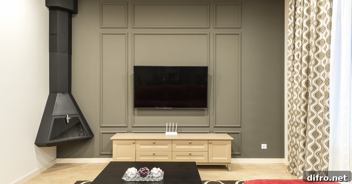 Black floating fireplace in an olive green living room.