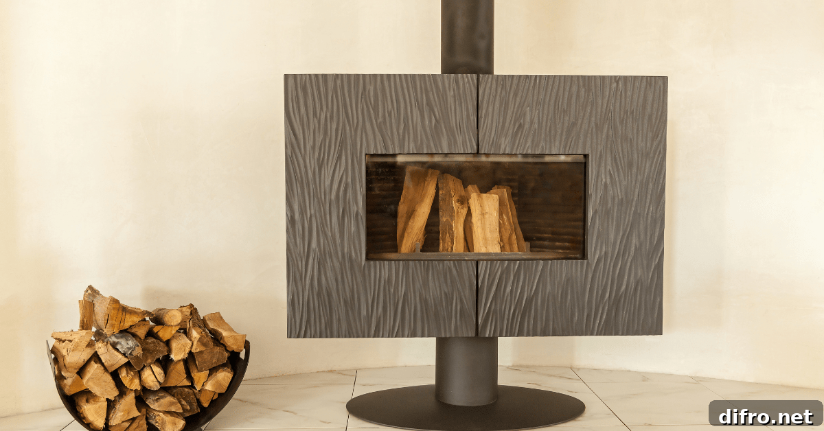 Unique grey floating fireplace.