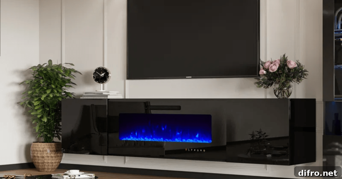 Floating fireplace under TV.