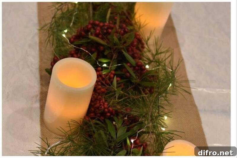 Candles lit up around table runner.