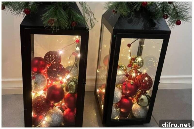 Lanterns with Christmas ornaments inside of them.