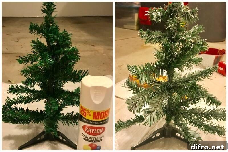 Spraying mini Christmas trees.