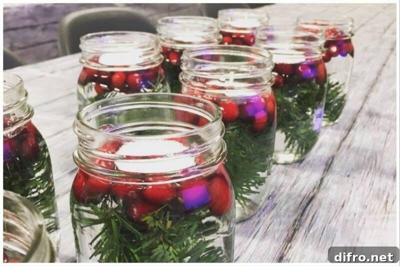 Mason jars as Christmas centerpiece decor.