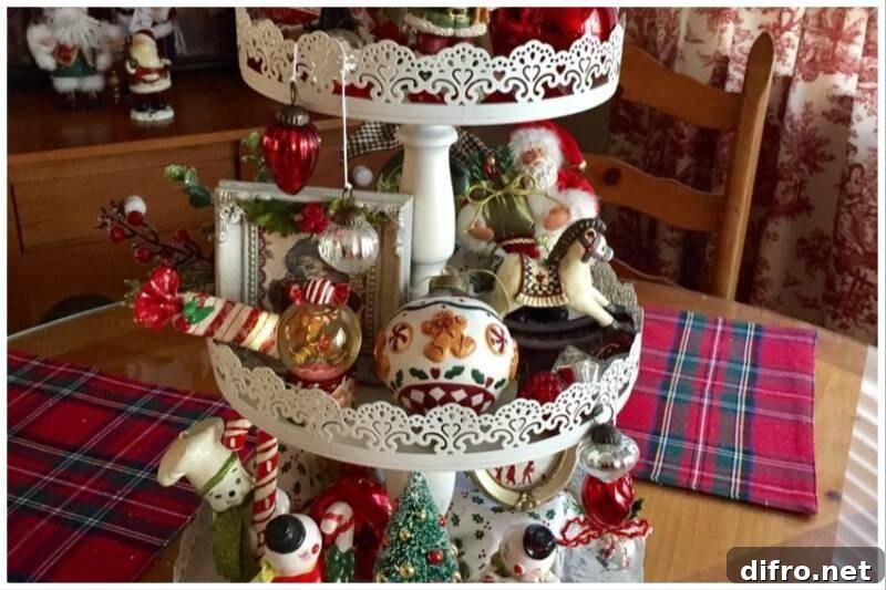 Serving tray used as centerpiece Christmas decor.