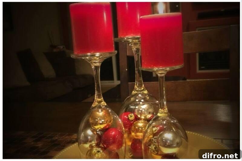 Wine glasses used as candle holders.