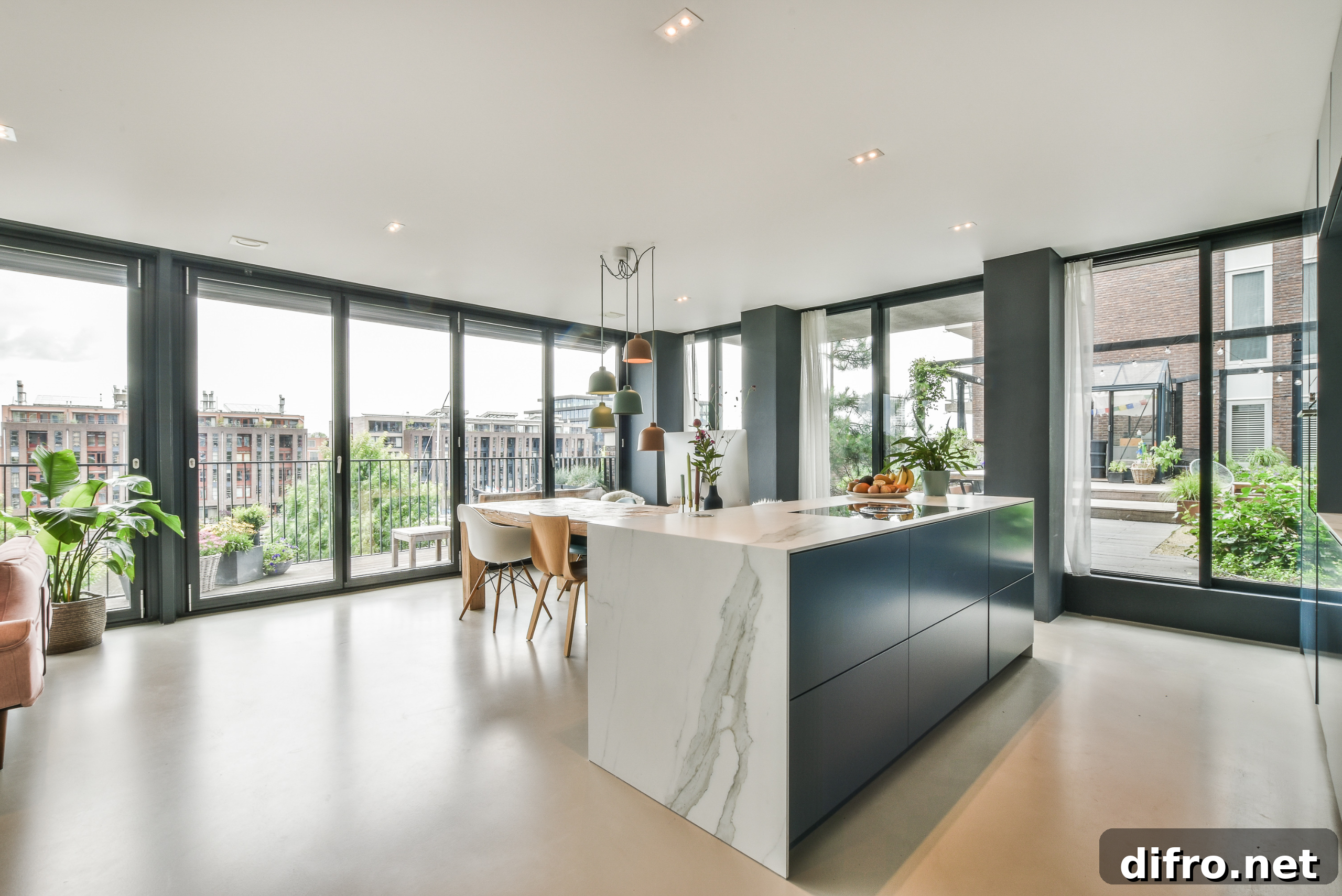 Luxurious open concept kitchen and dining room.