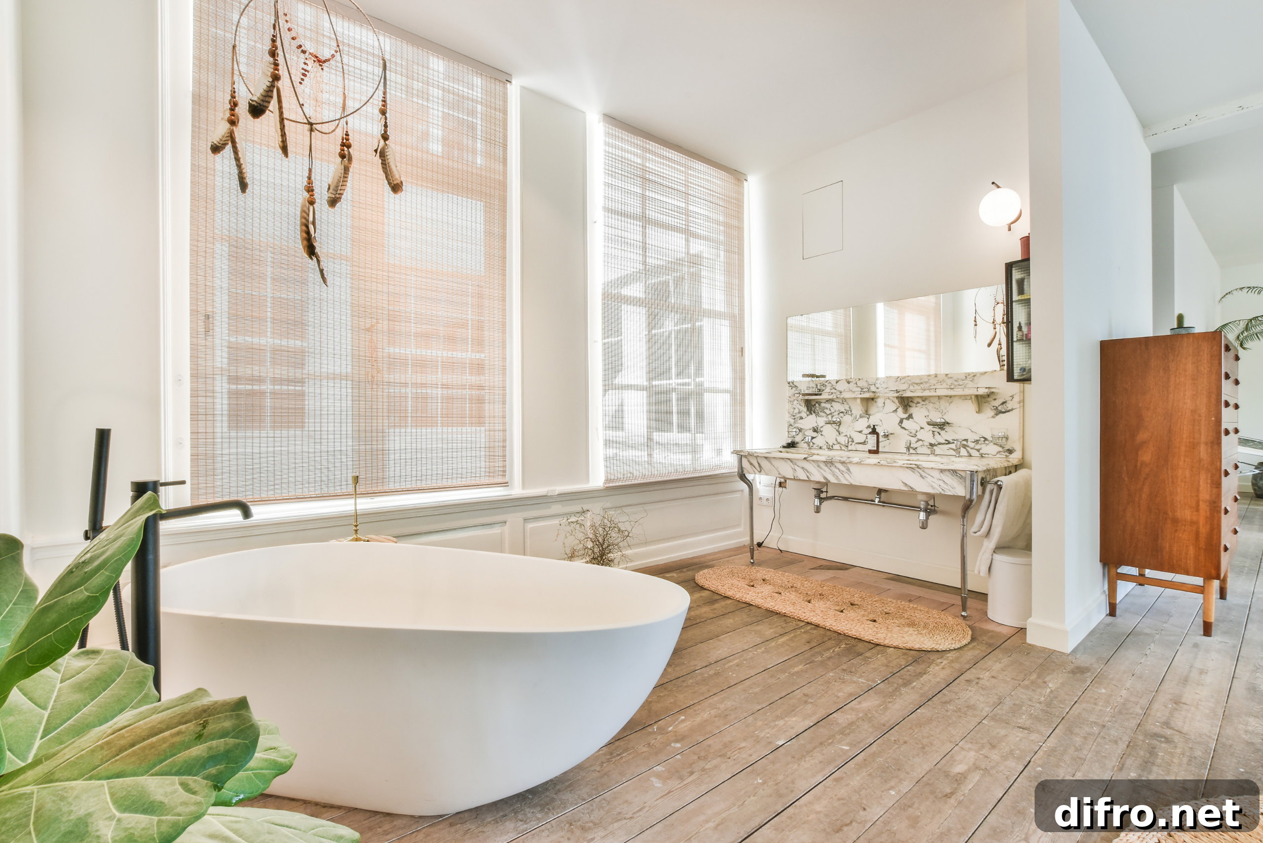 Luxurious bathroom with large white soaking tub.