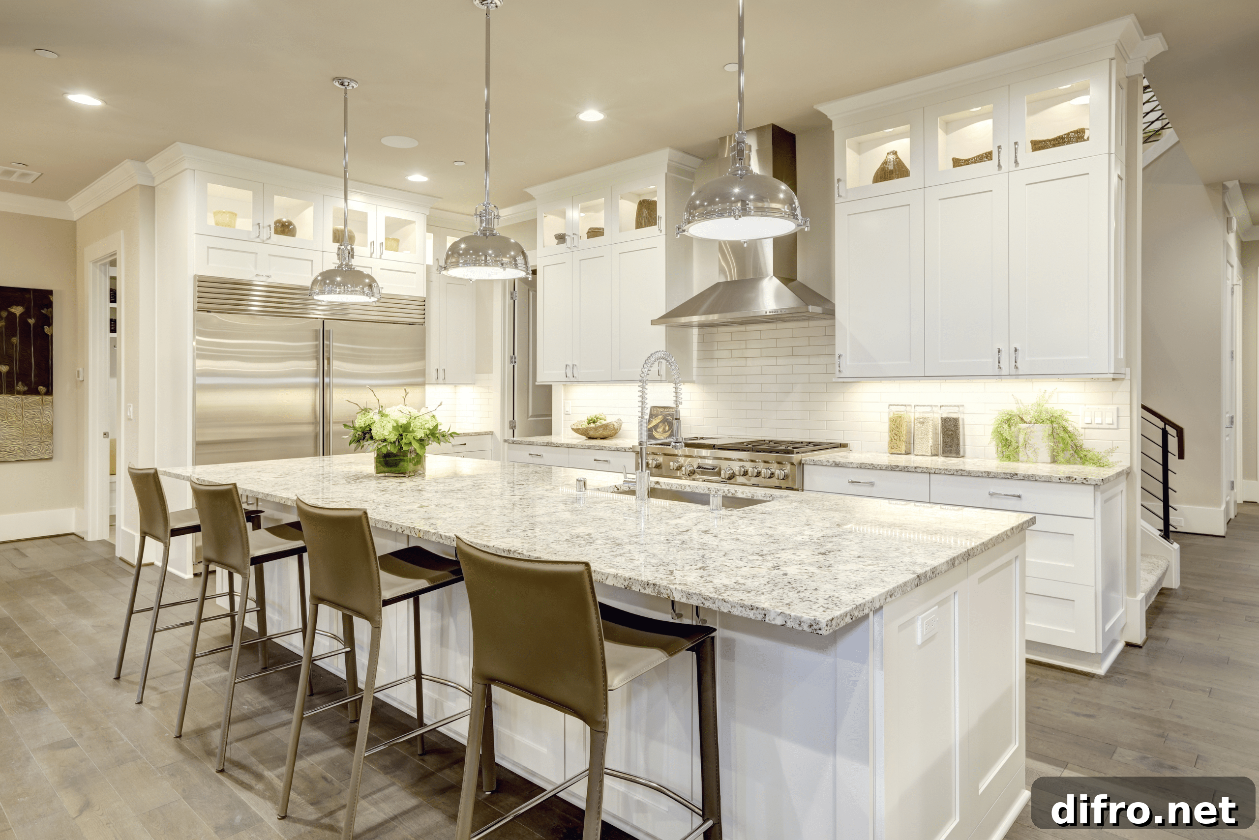 Kitchen with luxurious marble countertop.