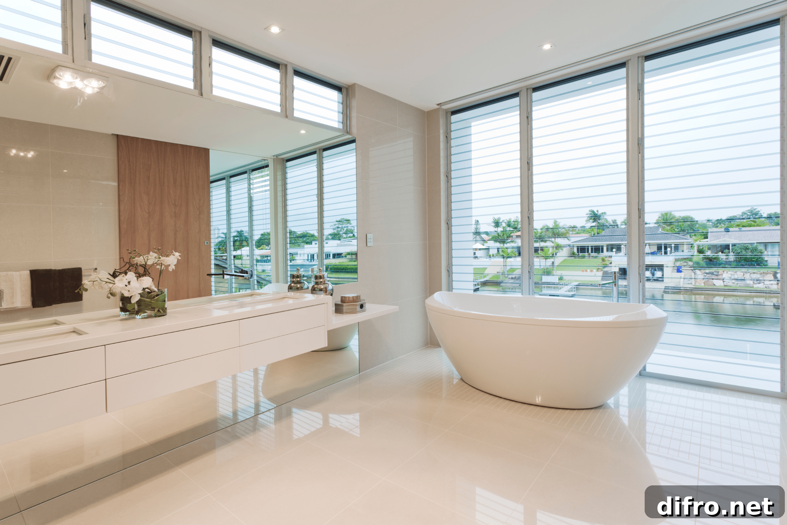 Luxurious bathroom with large white soaking tub.