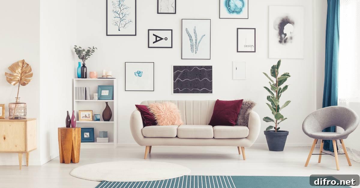Couch in living room flanked by gallery wall.