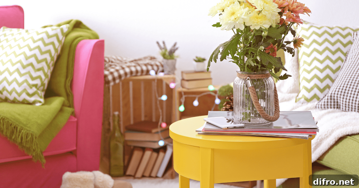 Colorful room decor in pink, yellow, and green.
