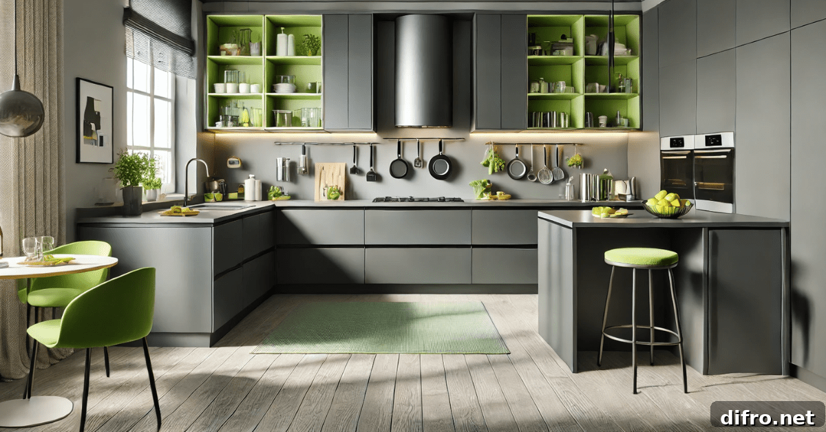 Grey and lime green kitchen.