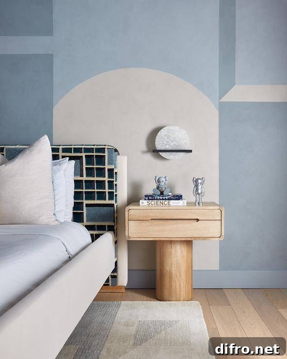 A Japandi inspired bedroom with light wood and calm color palette.