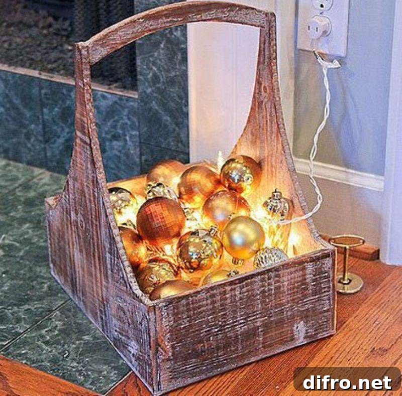 Basket with Christmas lights inside of it.