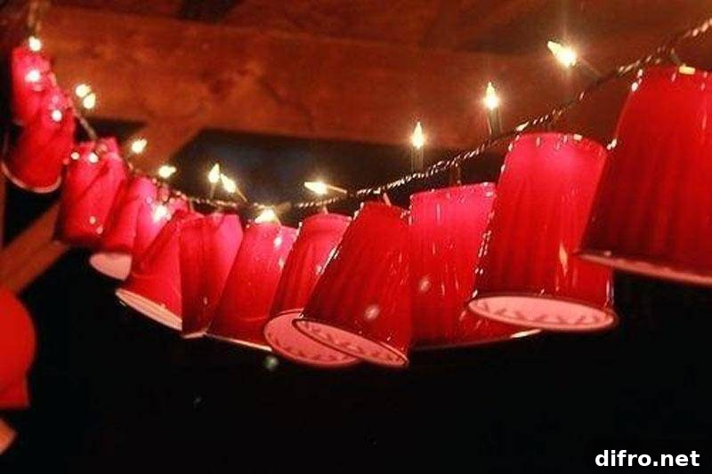 Red cups and lights on string.