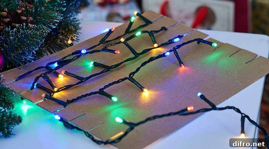Wrapped Christmas string lights in multiple colors.