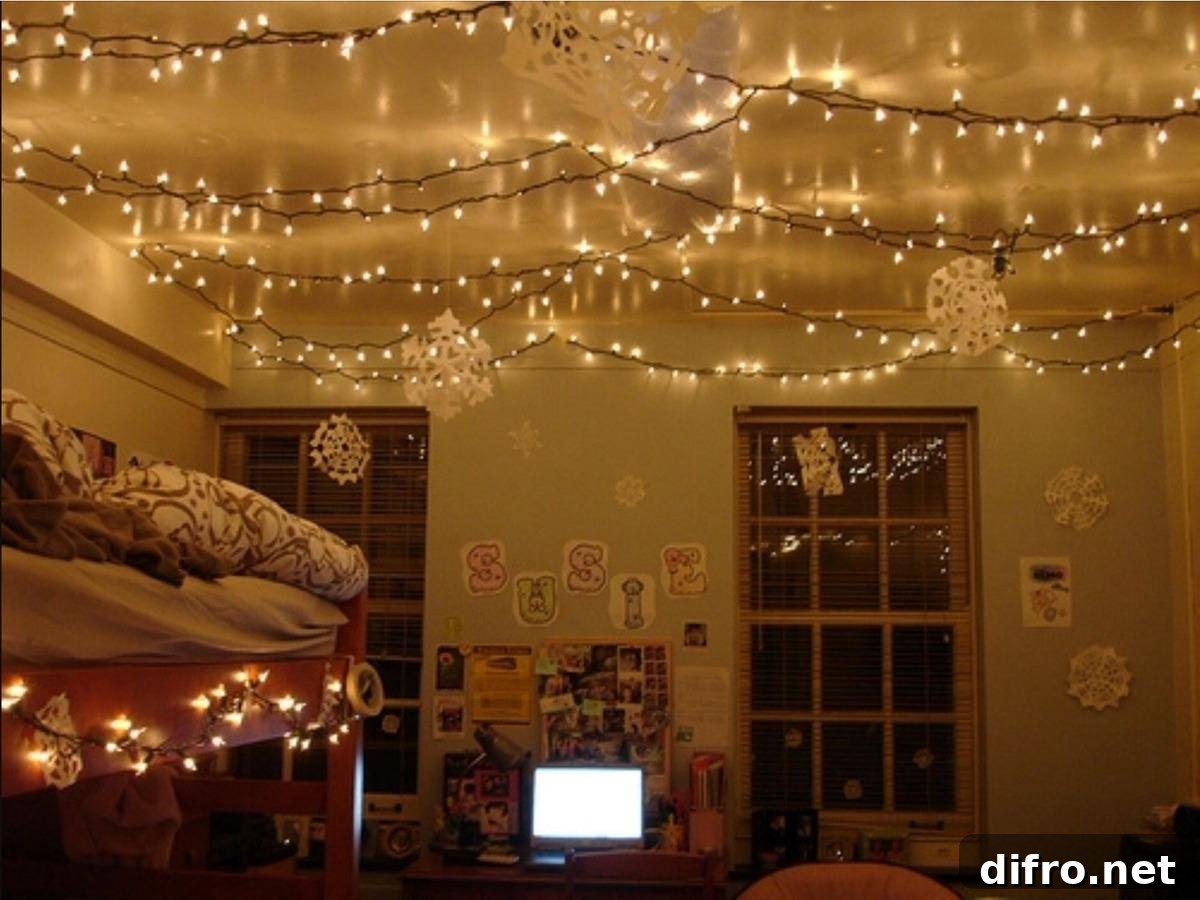 Room with white Christmas lights hanging on the ceiling.