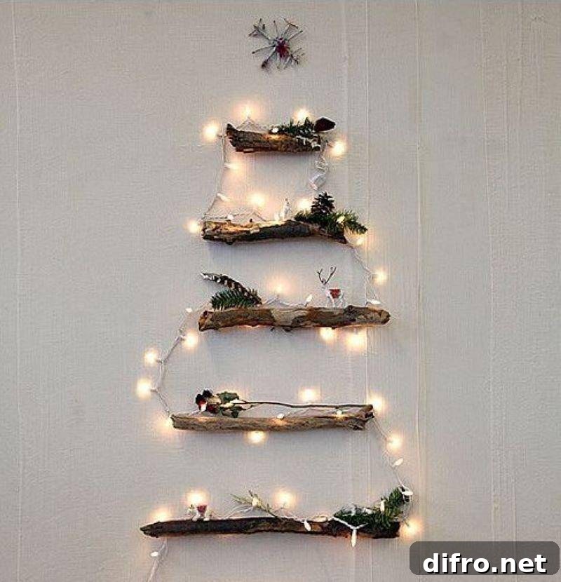 Floating shelves and Christmas lights in the shape of a tree.