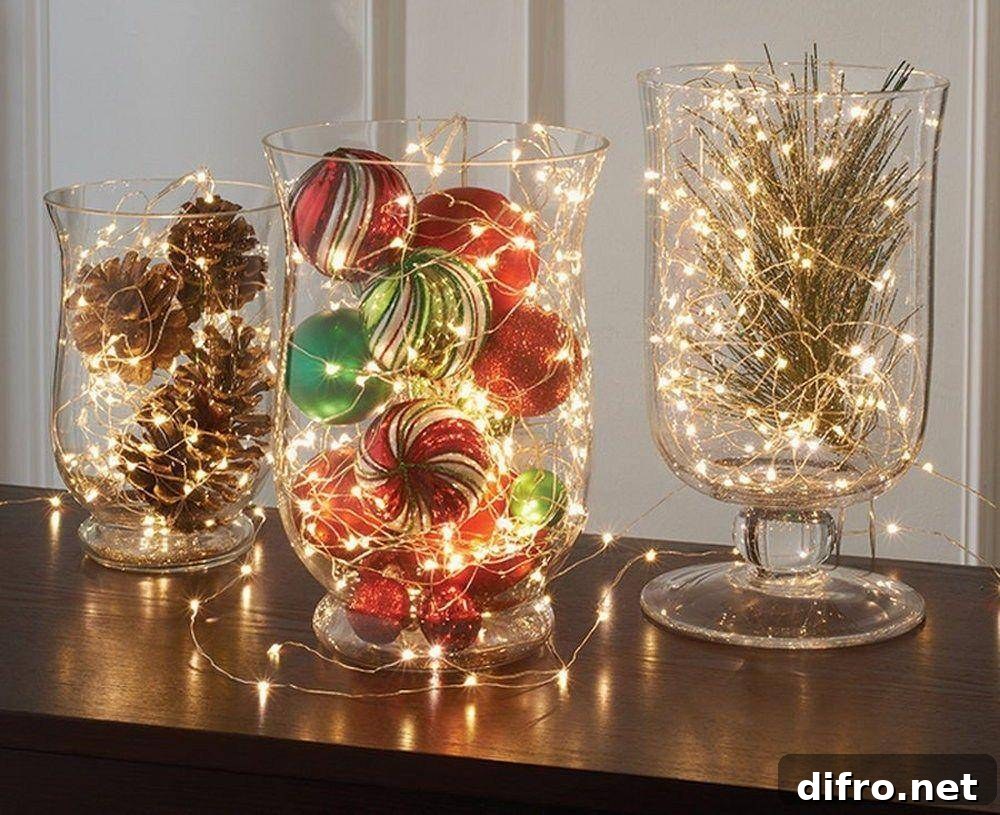 Christmas lights inside a multiple glass vases.
