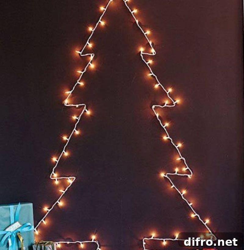 Christmas lights on wall in shape of a tree.