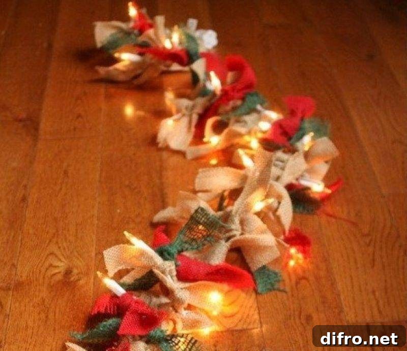 Christmas lights on a table with burlap wrapping.