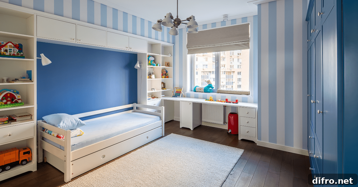 Kids room with blue walls.